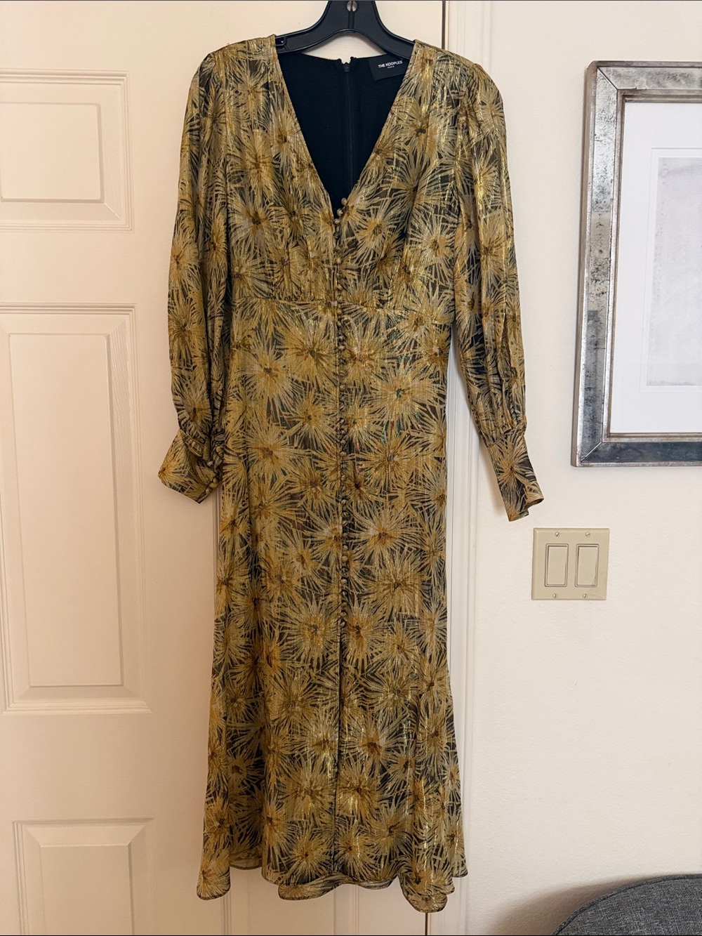 The Kooples Olive and Black Long-Sleeve Button-Front Midi Dress